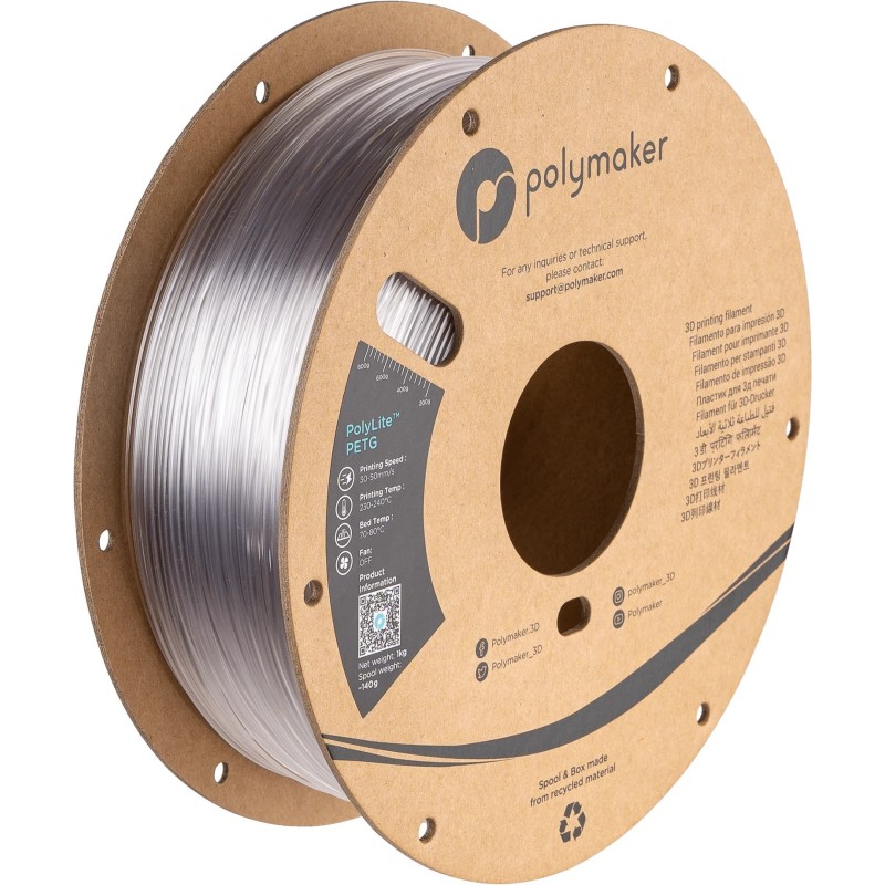 Polymaker PolyLite PETG Translucent (1.75mm, 1000g) --Multiple Colors