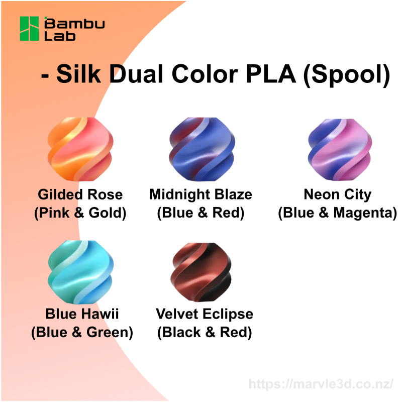 Bambu Lab Filament PLA Silk Dual Color - 1.75mm, 1kg - 5 Colors - (with Reusable Spool)